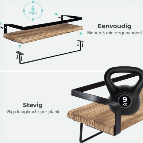Wandplank Set 2 Stuks – Industrieel – Met Haakjes Wandplank Set 2 Stuks – Industrieel – Met Haakjes