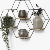 Industrieel Zwart Wandrek - Hexagon Design - 4 Planken - 58x40,5 cm 3 Zwart Hexagon Wandrek met Houten Planken