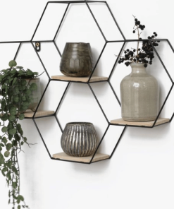 Zwart Hexagon Wandrek met Houten Planken