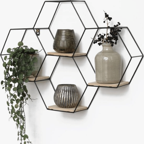 Zwart Hexagon Wandrek met Houten Planken Zwart Hexagon Wandrek met Houten Planken